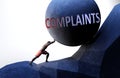Complaints as a problem that makes life harder - symbolized by a person pushing weight with word Complaints to show that