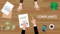 Complaints situation illustration with a man pointing to another with paperworks and money on top of table