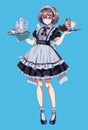 Complaisant girl with trays from maid cafe color vector character