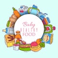 Complementary food for babies vector illustration. Baby bottles, puree jars, fruits and vegetables behind white circle Royalty Free Stock Photo