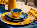 complete with ceramic dinner plates in blue-orange tones