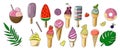 Complete collection of cartoon summer delicious ice cream in flat style. Vector illustration. Bright summer poster with