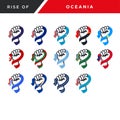Complete collection of spirit rising fist hand Oceania flag vector set