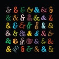 Complete different trendy colorful and isolated ampersand font faces icons set design element on black