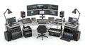 Comprehensive Music Production Workstation Setup with Multiple Monitors and Peripherals on White Background for Studio Royalty Free Stock Photo