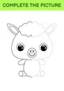 Complete drawn picture of cute alpaca. Coloring book. Dot copy game. Handwriting practice, drawing skills training. Education