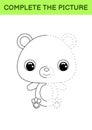 Complete drawn picture of cute bear. Coloring book. Dot copy game. Handwriting practice, drawing skills training. Education