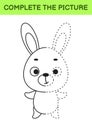 Complete drawn picture of cute hare. Coloring book. Dot copy game. Handwriting practice, drawing skills training