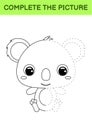 Complete drawn picture of cute koala. Coloring book. Dot copy game. Handwriting practice, drawing skills training. Education