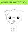 Complete drawn picture of cute koala. Coloring book. Dot copy game. Handwriting practice, drawing skills training. Education