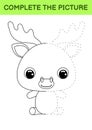 Complete drawn picture of cute moose. Coloring book. Dot copy game. Handwriting practice, drawing skills training. Education