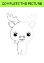 Complete drawn picture of cute moose. Coloring book. Dot copy game. Handwriting practice, drawing skills training. Education