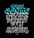 Complete Gothic alphabet. Vector. Uppercase and lowercase letters on a black background. Calligraphy. Elegant font for tattoo. Med