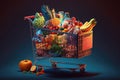 A complete grocery basket with healthy and tasty food. Generative AI