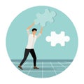 Complete jigsaw puzzle to solve business problem. Man Holding Puzzle Piece. Royalty Free Stock Photo