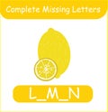 Complete Missing Letter Lemon Vector. Kid training