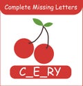 Complete Missing Letters Cherry Vector. Kid training