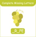Complete Missing Letters Grape vector. Kid training