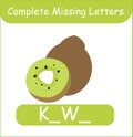 Complete missing letters Kiwi vector. Kid training