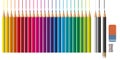 A complete palette of colored pencils with an eraser and a pencil sharpener. Royalty Free Stock Photo