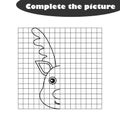 Complete the picture, black white cartoon christmas deer, drawing skills training, educational game for the development