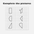 Complete the picture, black white geometric shapes, drawing skills training, educational paper game for the development