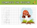 Complete the picture of cartoon amanita. Copy the picture and color it. Educational game for children