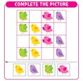 Complete the picture colorful birds. Educational game Worksheet for kids Sudoku Royalty Free Stock Photo