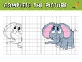 Complete the picture of a cute baby elephant. Copy the picture and color it. Educational game for children
