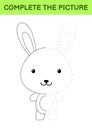 Complete the picture of cute hare. Coloring book. Copy picture. Handwriting practice, drawing skills training. Education