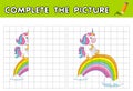 Complete the picture of cute unicorn and a rainbow bridge. Copy the picture and color it. Educational game for children