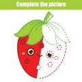 Complete picture educational children game. Kids drawing worksheet. Printable activity for toddlers. Draw cute strawberry