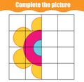 Complete the picture educational children game. Printable toddlers, kids activity sheet with simple flower. Learning symmetry draw