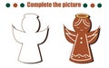 Complete the picture educational game. Draw angel gingerbread cookie. New Year, Christmas theme activity for toddlers, kids Royalty Free Stock Photo