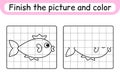 Complete the picture fish. Copy the picture and color. Finish the image. Coloring book. Educational drawing exercise game for