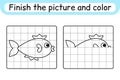 Complete the picture fish. Copy the picture and color. Finish the image. Coloring book. Educational drawing exercise game for