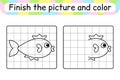 Complete the picture fish. Copy the picture and color. Finish the image. Coloring book. Educational drawing exercise game for