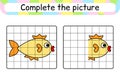 Complete the picture fish. Copy the picture and color. Finish the image. Coloring book. Educational drawing exercise game for