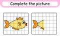 Complete the picture fish. Copy the picture and color. Finish the image. Coloring book. Educational drawing exercise game for