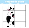 Complete picture by grid. Animals theme educational children game. symmetry drawing activity for toddlers