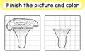 Complete the picture mushroom chanterelle. Copy the picture and color. Finish the image. Coloring book. Educational drawing