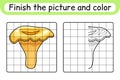 Complete the picture mushroom chanterelle. Copy the picture and color. Finish the image. Coloring book. Educational drawing