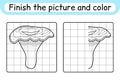 Complete the picture mushroom chanterelle. Copy the picture and color. Finish the image. Coloring book. Educational drawing