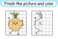 Complete the picture onion. Copy the picture and color. Finish the image. Coloring book. Educational drawing exercise game for