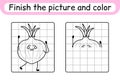 Complete the picture onion. Copy the picture and color. Finish the image. Coloring book. Educational drawing exercise game for