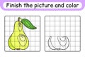 Complete the picture pear. Copy the picture and color. Finish the image. Coloring book. Educational drawing exercise game for