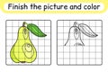 Complete the picture pear. Copy the picture and color. Finish the image. Coloring book. Educational drawing exercise game for