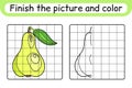 Complete the picture pear. Copy the picture and color. Finish the image. Coloring book. Educational drawing exercise game for