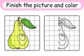 Complete the picture pear. Copy the picture and color. Finish the image. Coloring book. Educational drawing exercise game for