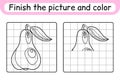 Complete the picture pear. Copy the picture and color. Finish the image. Coloring book. Educational drawing exercise game for